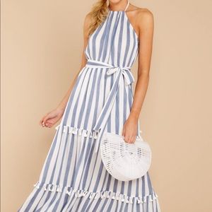 Blue and white striped maxi dress